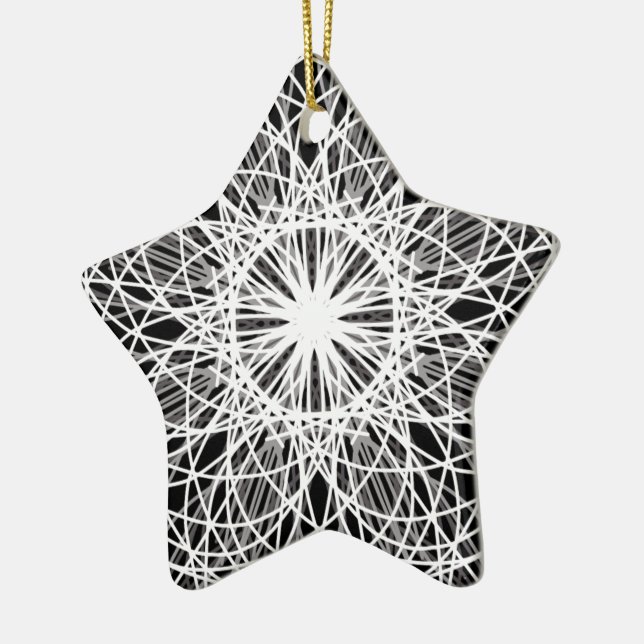 Black and White Kaleidoscope Flower Star Ceramic Ornament (Left)