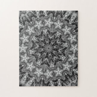 BLACK AND WHITE KALEIDOSCOPIC GEOMETRIC MANDALA JIGSAW PUZZLE