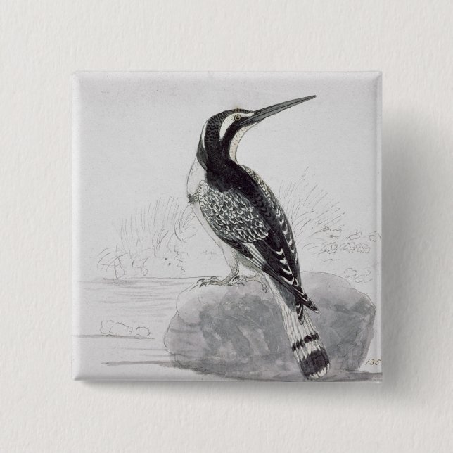 Black and White Kingfisher 2 Inch Square Button (Front)