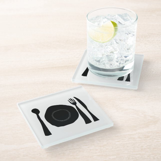 Black and White Kitchen Utensils Glass Coaster (Angled)