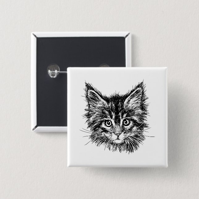 Black and White Kitten Face 2 Inch Square Button (Front & Back)