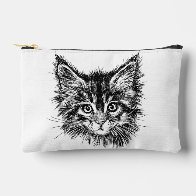 Black and White Kitten Face Accessory Pouch (Front)