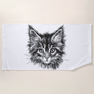 Black and White Kitten Face Beach Towel