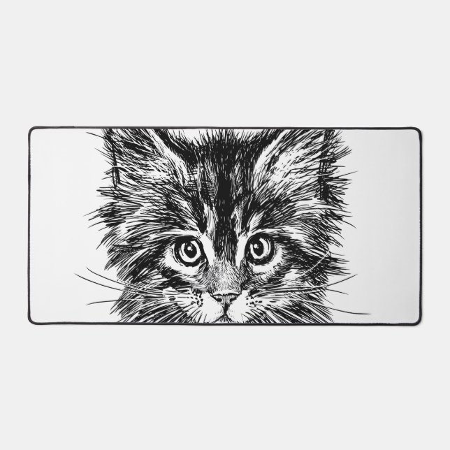 Black and White Kitten Face Desk Mat (Front)