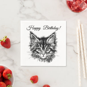 Black and White Kitten Face Happy Birthday Napkin