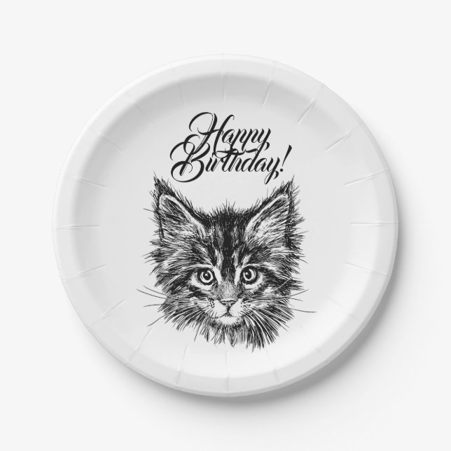 Black and White Kitten Face Happy Birthday Paper Plate (Front)