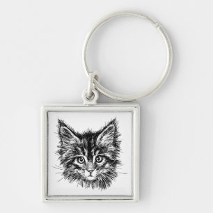 Black and White Kitten Face Keychain