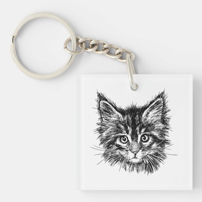 Black and White Kitten Face Keychain (Front)