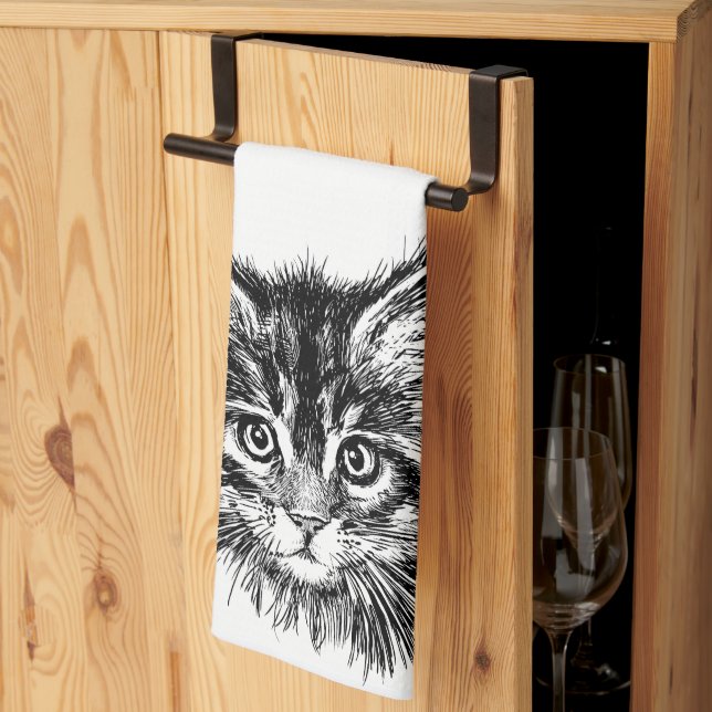 Black and White Kitten Face Kitchen Towel (Thirds Fold)