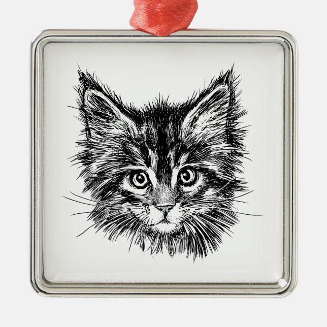 Black and White Kitten Face Metal Ornament (Front)