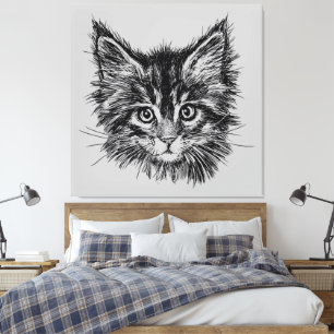 Black and White Kitten Face on Grey Canvas Print