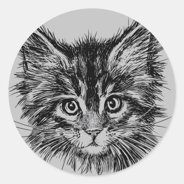 Black and White Kitten Face on Grey Classic Round Sticker (Front)