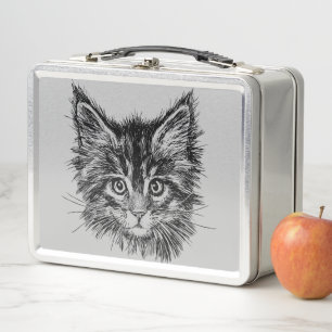 Black and White Kitten Face on Grey Metal Lunch Box