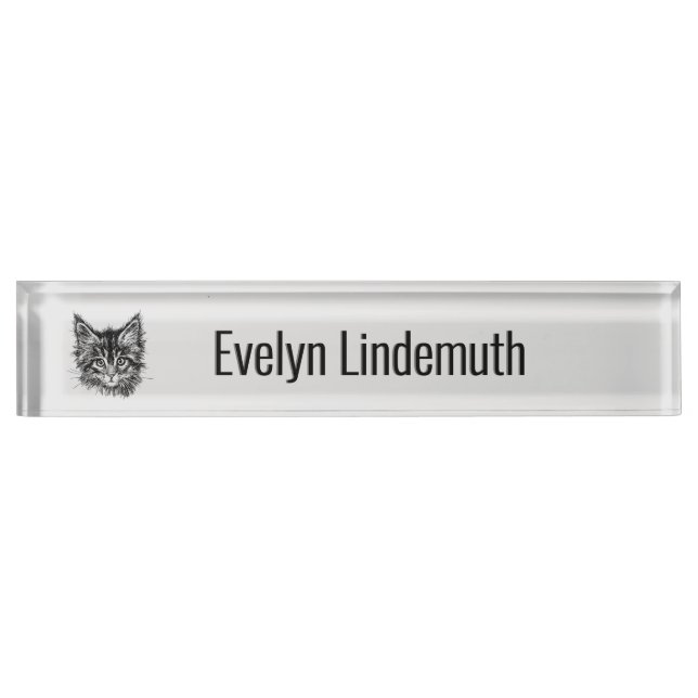 Black and White Kitten Face on Grey Personal Nameplate (Front)