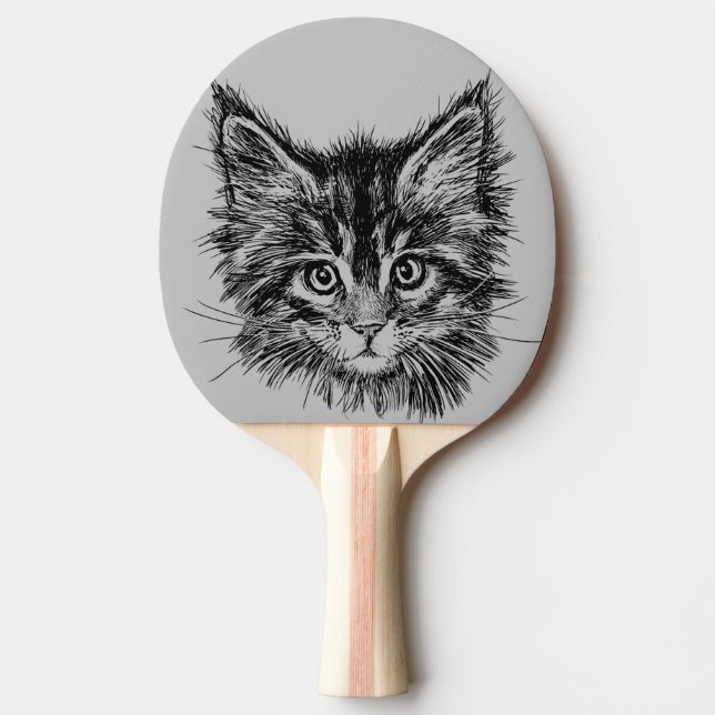 Black and White Kitten Face on Grey Ping Pong Paddle (Front)