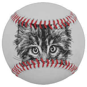 Black and White Kitten Face on Grey Softball