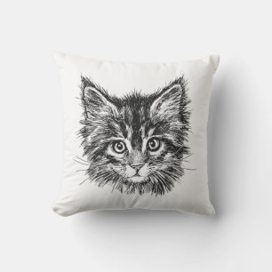 Black and White Kitten Face Outdoor Pillow