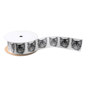 Black and White Kitten Face Satin Ribbon