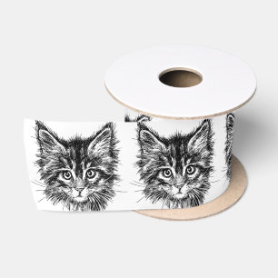 Black and White Kitten Face Satin Ribbon