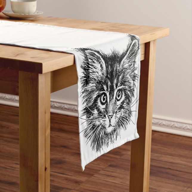 Black and White Kitten Face Short Table Runner (In Situ)