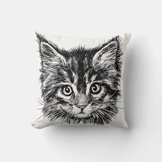 Black and White Kitten Face Throw Pillow (Front)
