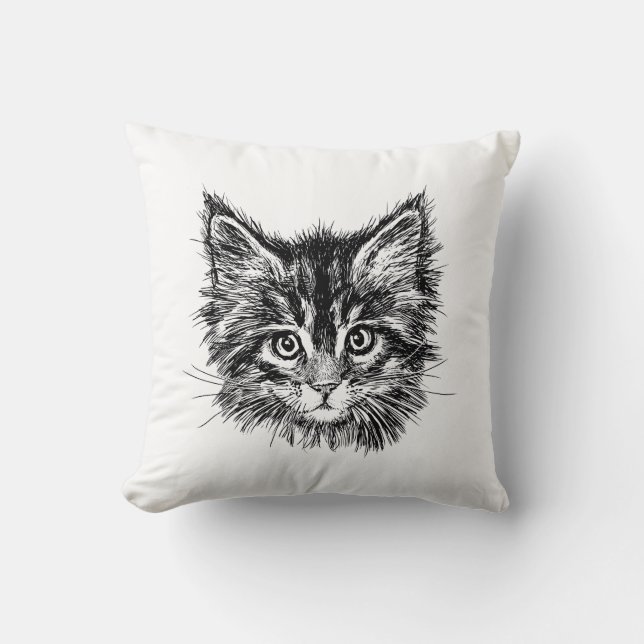 Black and White Kitten Face Throw Pillow (Front)