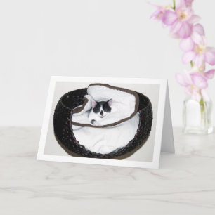 Black and White Kitten in Bed Card
