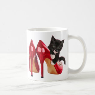 Black and White Kitten in Red Shoe Coffee Mug
