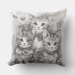 Black and white kittens hearts throw pillow
