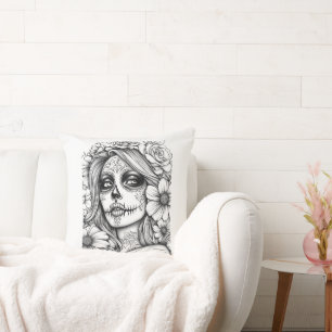 Black and white La Catrina Throw Pillow