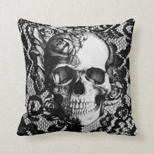Black and white lace and roses skull throw pillow