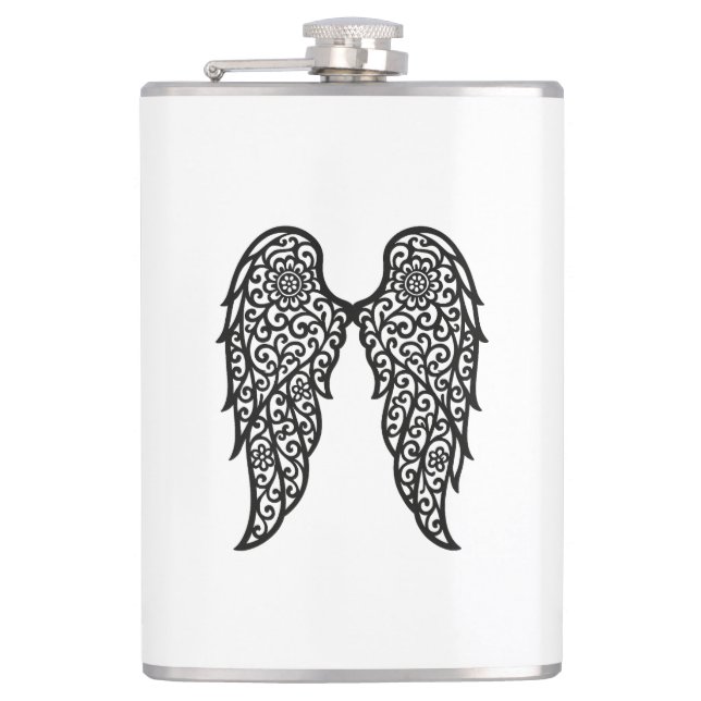 Black and White Lace Archangel Wings – Elegant Ang Hip Flask (Front)