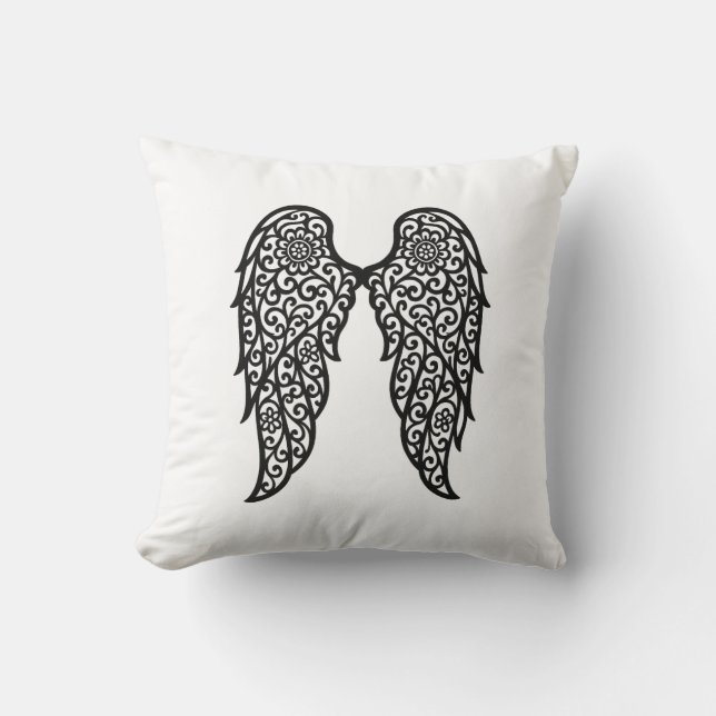 Black and White Lace Archangel Wings – Elegant Ang Throw Pillow (Front)