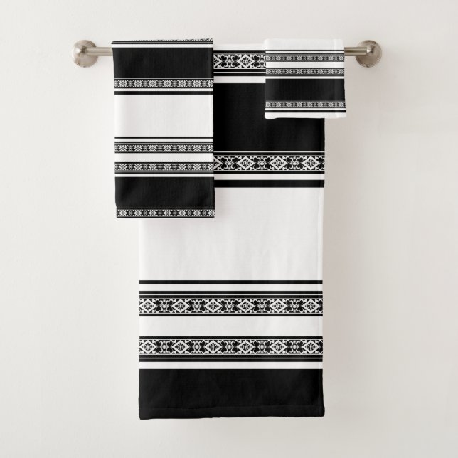 Black and white lace braid and horizontal stripes  bath towel set (Insitu)