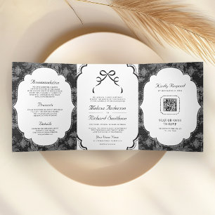 Black and White Lace Coquette Bow QR Code Wedding Tri-Fold Invitation
