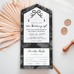 Black and White Lace Coquette Bow Wedding All In One Invitation