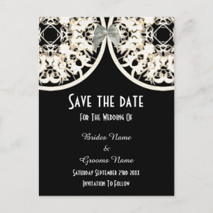 Black and white lace filigree save the date announcement postcard