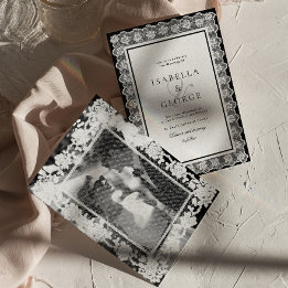 Black and white Lace Old Money Wedding Photo Invitation