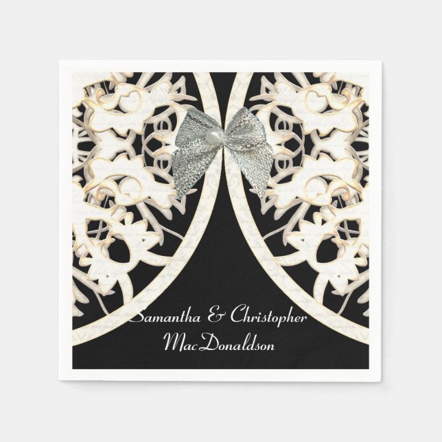 Black and white lace paper cut damask wedding napkin (Front)
