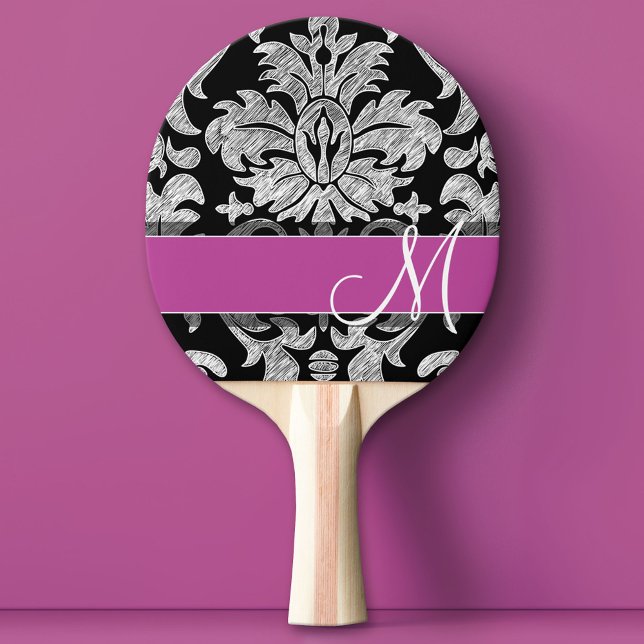 Black and White Lace Pattern Custom Monogram Ping Pong Paddle (Custom Ping Pong Paddle)