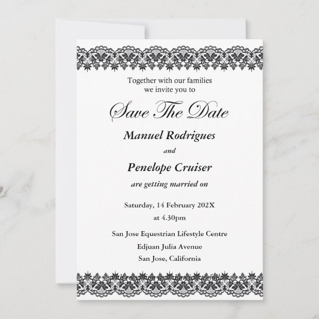 Black and White Lace Save the Date Invitation (Front)