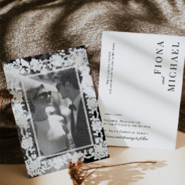 Black and white Lace Typography Wedding Photo Invitation