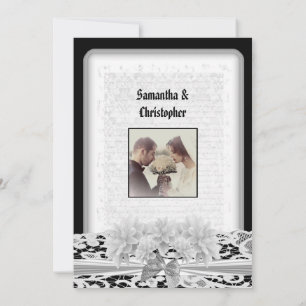 Black and white lace wedding photo invitation