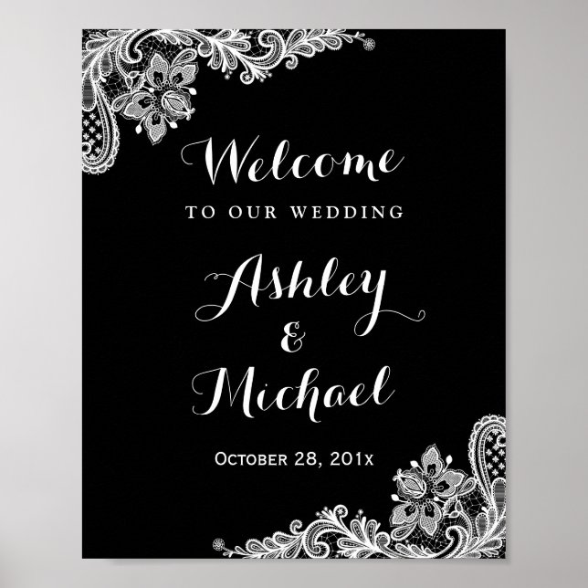 Black and White Lace Wedding Reception Sign (Front)