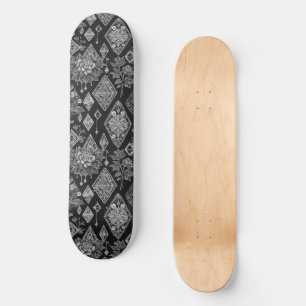 Black and White Lacy Diamonds Floral Skateboard