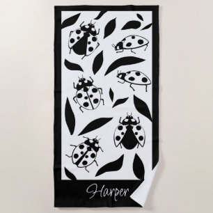 Black and White Ladybugs Personalized Beach Towel