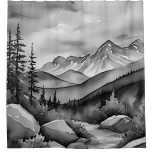 Black and white landscape painting of mountains