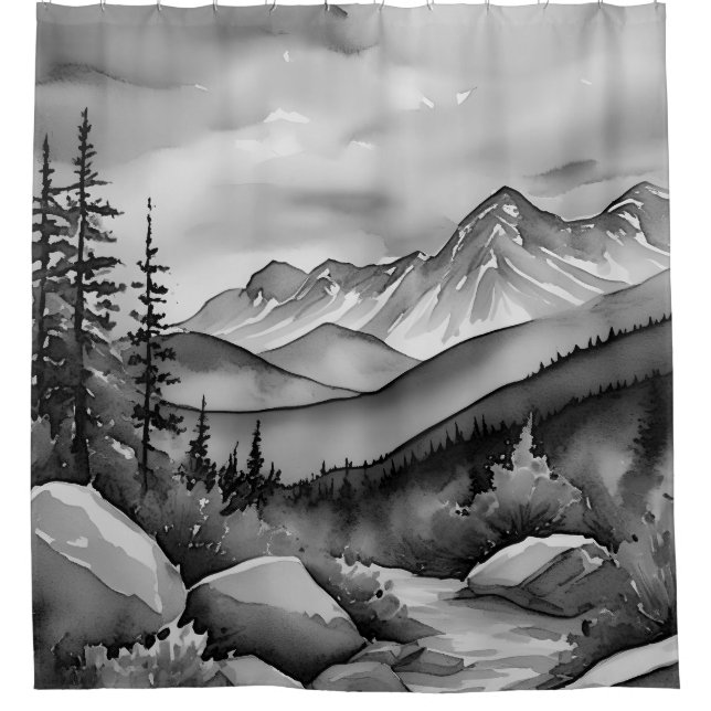 Black and white landscape painting of mountains (Front)
