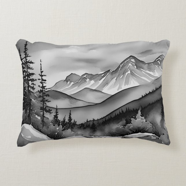 Black and white landscape painting of mountains accent pillow (Front)