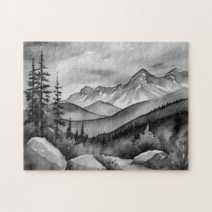 Black and white landscape painting of mountains jigsaw puzzle